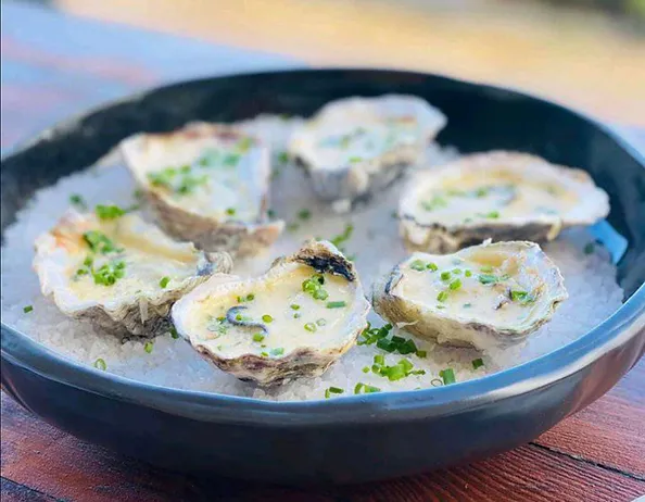 Oysters with creamy sauce on their top are served on a plate with crushed ice
